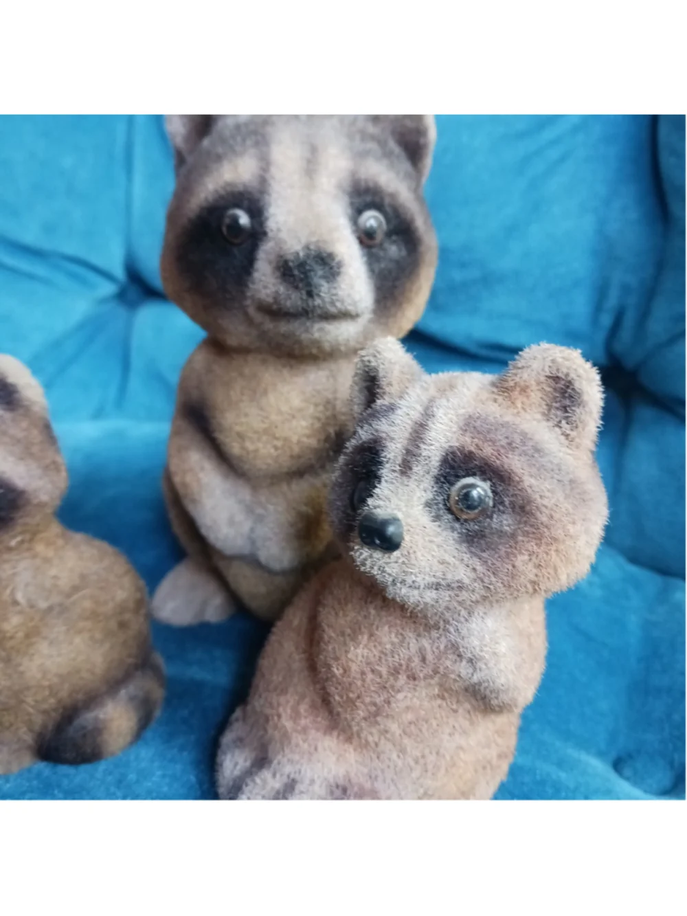 Vintage Flocked Raccoon Bank Figurine Trio Lot Of 3 Trashpanda Bandit Mama